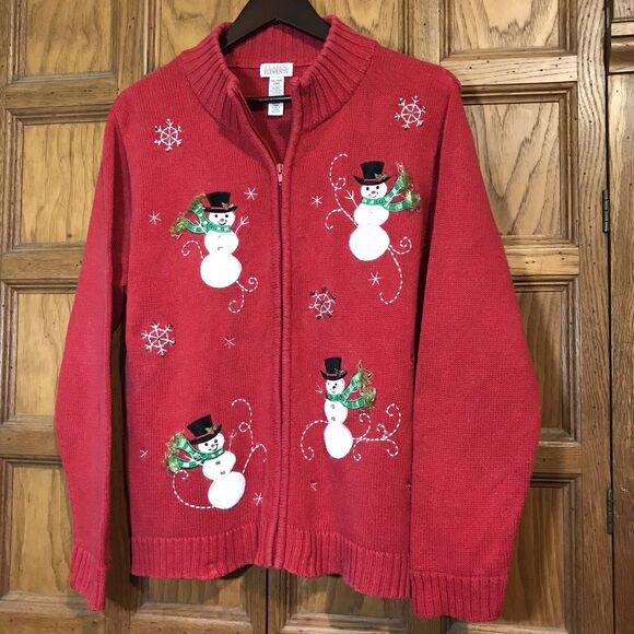 Classic Elements Christmas Snowman Sweater Women's XL Red Ramie Cotton Full Zip - Picture 3 of 12